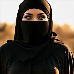 Generate a ultra-realistic attractive mid 39 Arab big size  woman with plus size figure and wide back her eyes are so beautiful as dark black almond type eyes with shine of seduction wearing tight fashionable burqa with hijab only eyes are  uncovered all other body covered. She has standing in front of window and in full size mirror show her back side in mirror and sun shine reflect her white body tone . A beautiful cinematic pose show her beauty tone and curve in hd quality.